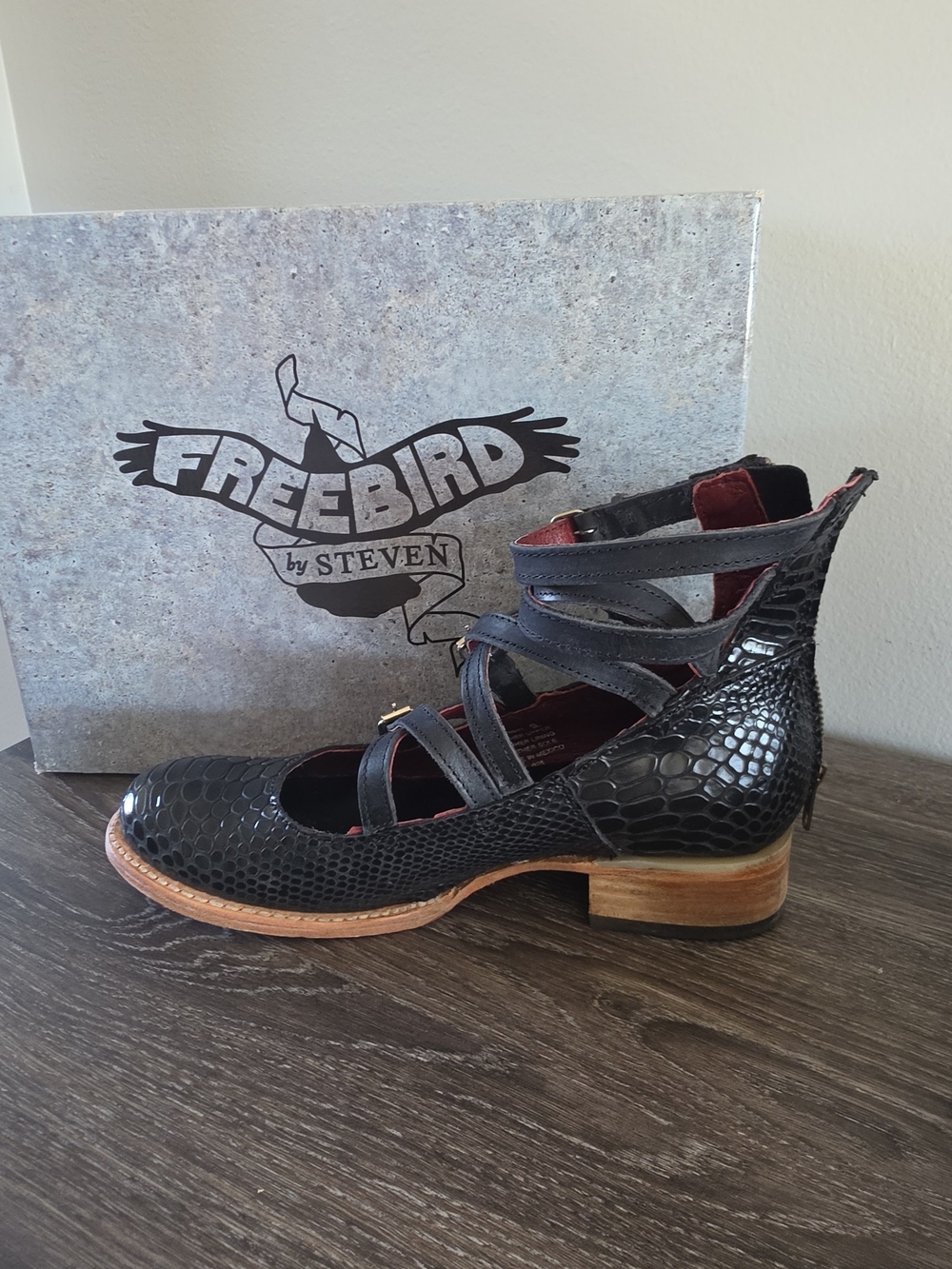 Freebird Marcel by Steven Black Textured Leather Strappy Low Block Heel Boot